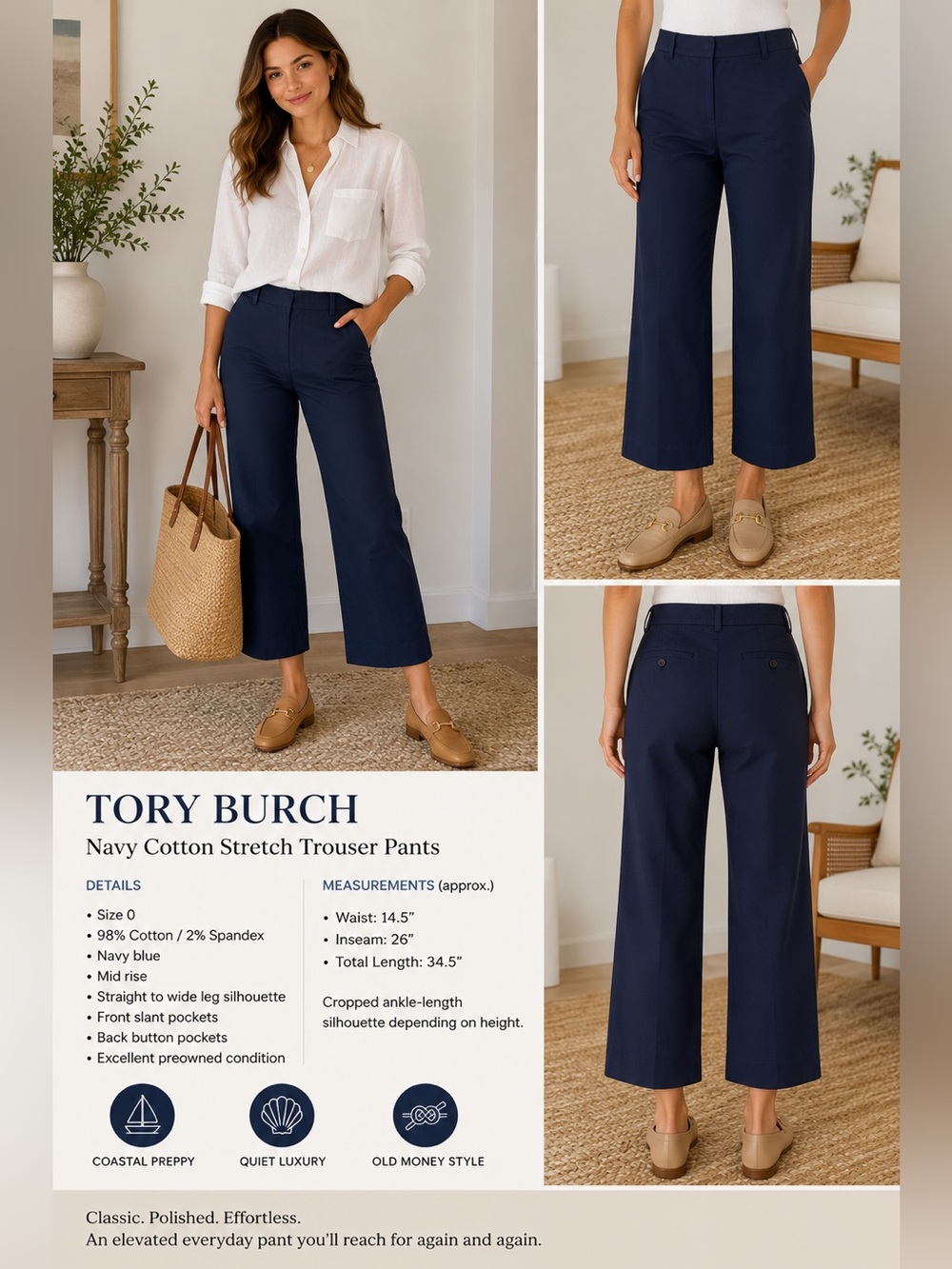 Tory Burch Navy Cropped Trouser Pants Wide Leg Cotton Stretch Size 0